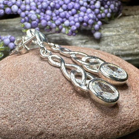 Load image into Gallery viewer, Celtic Knot Earrings, Silver Post Earrings, Irish Jewelry, Scottish Drop Earrings, Silver Ireland Gift, Scotland Gift, Diamond Earrings
