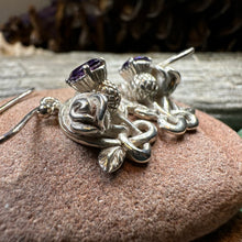 Load image into Gallery viewer, Thistle Earrings, Rose Jewelry, Scottish Jewelry, Outlander Jewelry, Amethyst Jewelry, Mom Gift, Amethyst Jewelry, Pagan Jewelry, Celtic
