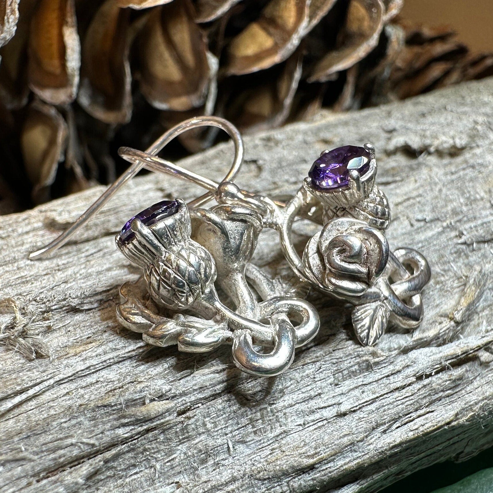 Thistle Earrings, Rose Jewelry, Scottish Jewelry, Outlander Jewelry, Amethyst Jewelry, Mom Gift, Amethyst Jewelry, Pagan Jewelry, Celtic