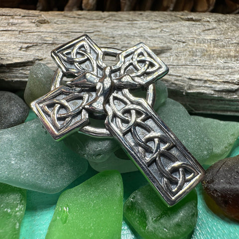 Load image into Gallery viewer, Celtic Cross Brooch, Silver Cross Pin, Scottish Jewelry, Dove of Peace, Mom Gift, Anniversary Gift, Religious Jewelry, Trinity Knot Brooch

