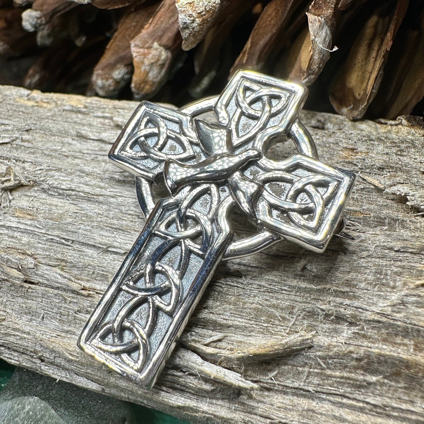 Celtic Cross Brooch, Silver Cross Pin, Scottish Jewelry, Dove of Peace, Mom Gift, Anniversary Gift, Religious Jewelry, Trinity Knot Brooch