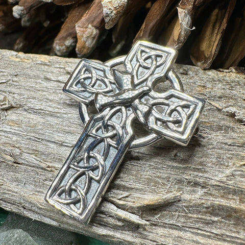 Load image into Gallery viewer, Celtic Cross Brooch, Silver Cross Pin, Scottish Jewelry, Dove of Peace, Mom Gift, Anniversary Gift, Religious Jewelry, Trinity Knot Brooch
