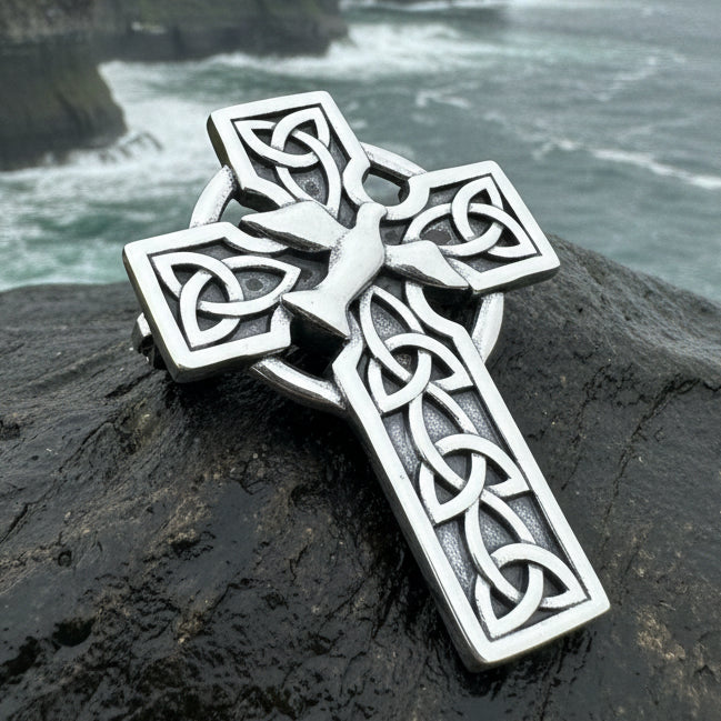 Celtic Cross Brooch, Silver Cross Pin, Scottish Jewelry, Dove of Peace, Mom Gift, Anniversary Gift, Religious Jewelry, Trinity Knot Brooch