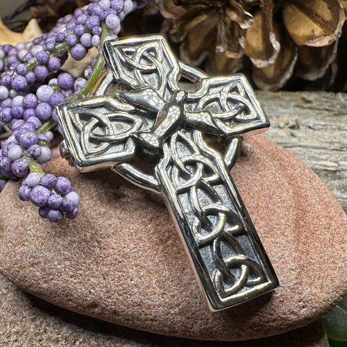 Celtic Cross Brooch, Silver Cross Pin, Scottish Jewelry, Dove of Peace, Mom Gift, Anniversary Gift, Religious Jewelry, Trinity Knot Brooch