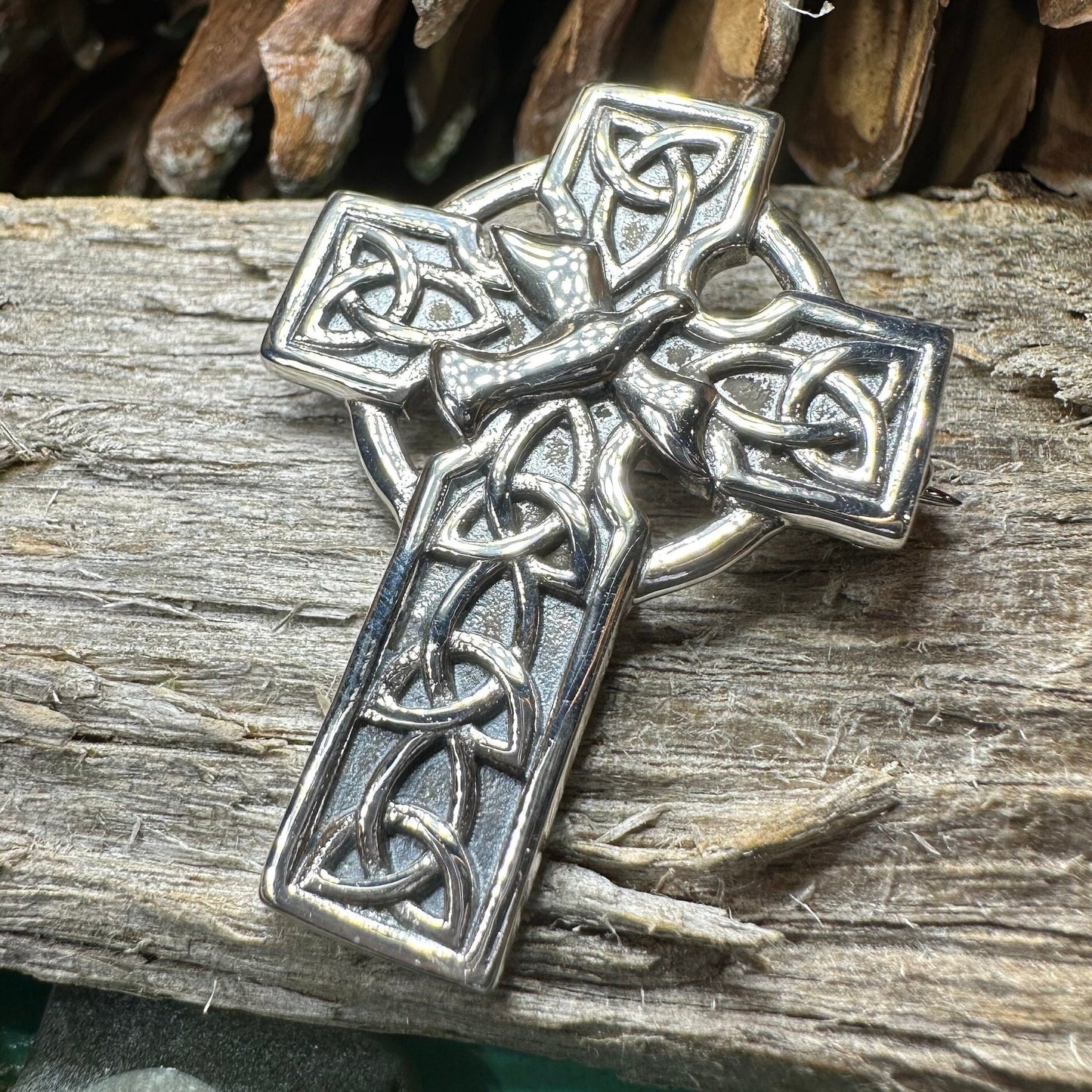 Celtic Cross Brooch, Silver Cross Pin, Scottish Jewelry, Dove of Peace, Mom Gift, Anniversary Gift, Religious Jewelry, Trinity Knot Brooch