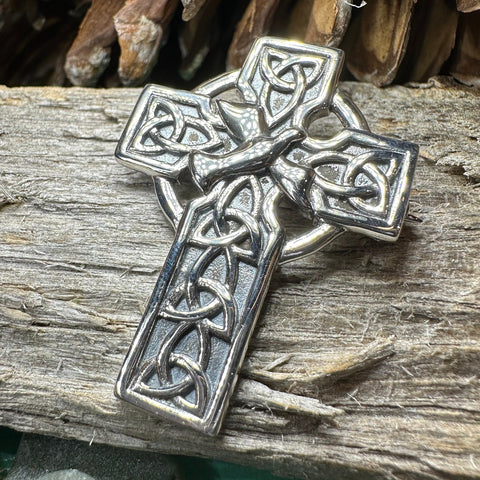 Load image into Gallery viewer, Celtic Cross Brooch, Silver Cross Pin, Scottish Jewelry, Dove of Peace, Mom Gift, Anniversary Gift, Religious Jewelry, Trinity Knot Brooch
