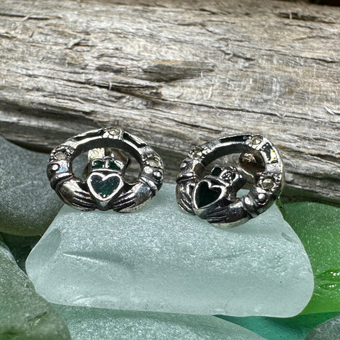 Load image into Gallery viewer, Claddagh Stud Earrings, Celtic Jewelry, Irish Jewelry, Celtic Knot Jewelry, Heart Jewelry, Anniversary Gift, Graduation Gift, Mom Gift
