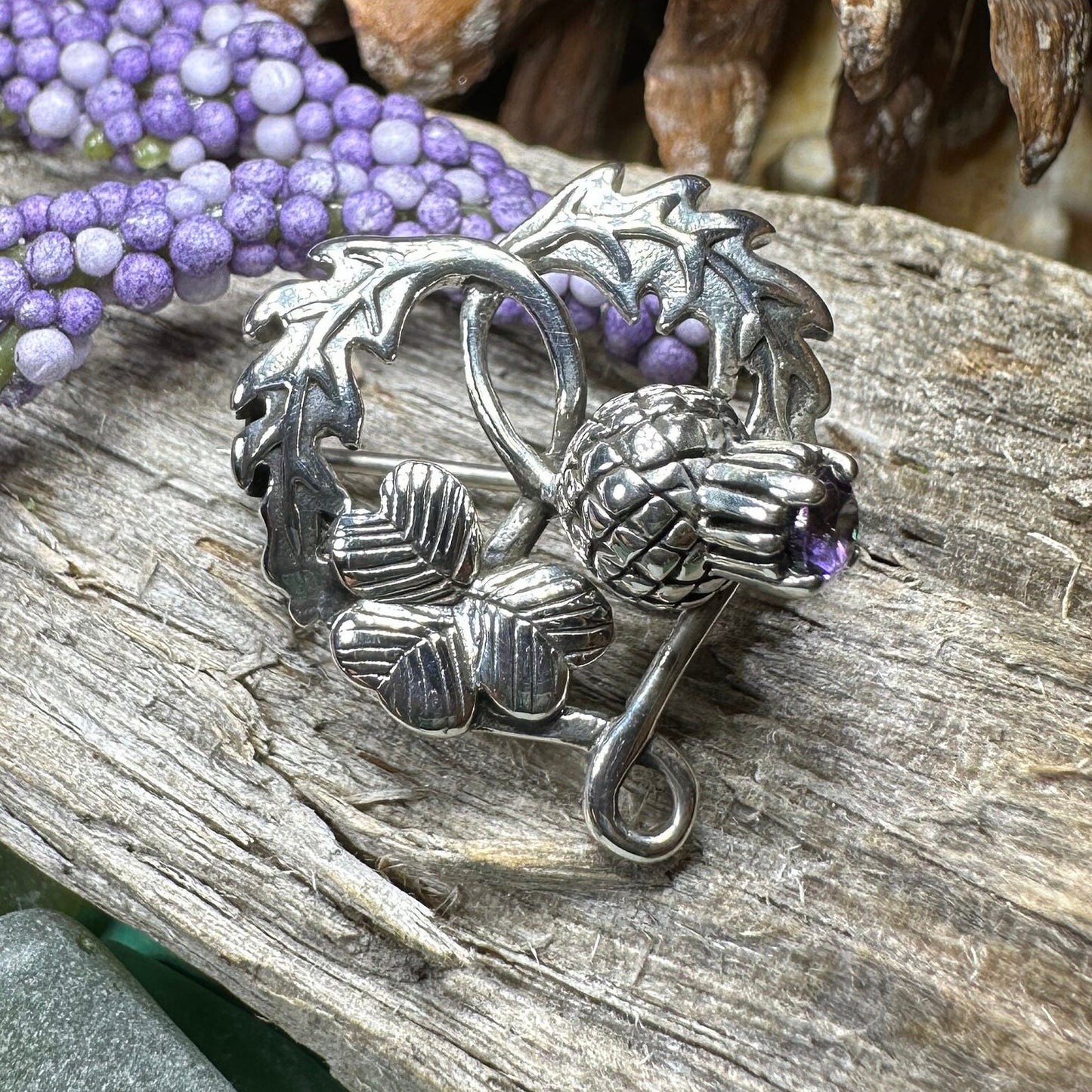 Thistle Brooch, Scotland Jewelry, Irish Shamrock Pin, Amethyst Brooch, Thistle Jewelry, Scottish Jewelry, Celtic Brooch, Ireland Brooch