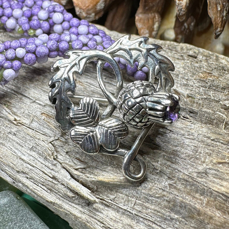 Thistle Brooch, Scotland Jewelry, Irish Shamrock Pin, Amethyst Brooch, Thistle Jewelry, Scottish Jewelry, Celtic Brooch, Ireland Brooch