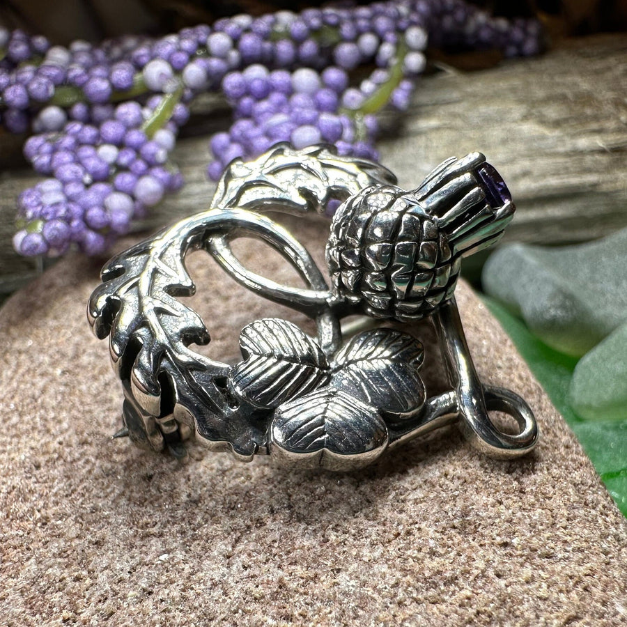 Thistle Brooch, Scotland Jewelry, Irish Shamrock Pin, Amethyst Brooch, Thistle Jewelry, Scottish Jewelry, Celtic Brooch, Ireland Brooch