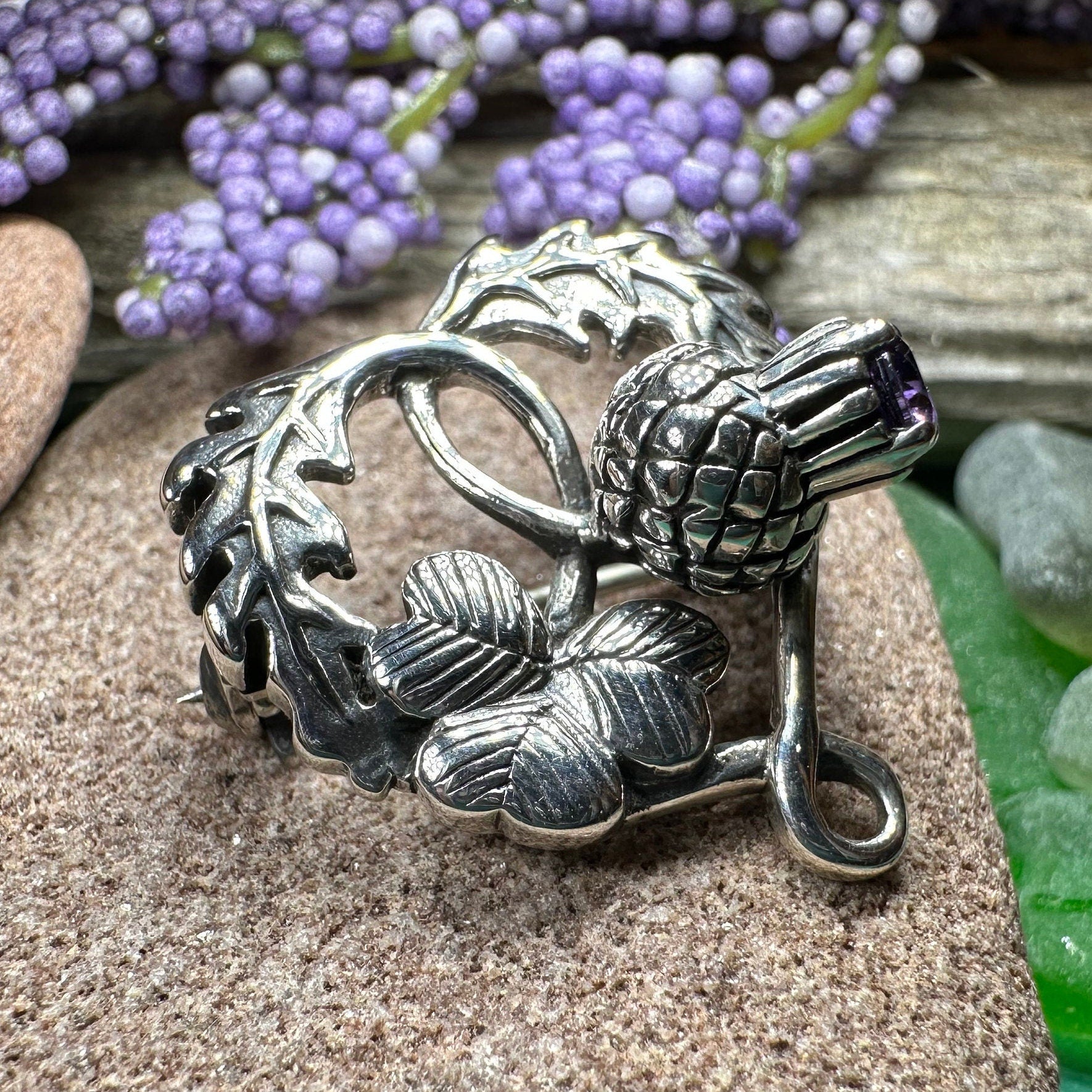 Thistle Brooch, Scotland Jewelry, Irish Shamrock Pin, Amethyst Brooch, Thistle Jewelry, Scottish Jewelry, Celtic Brooch, Ireland Brooch