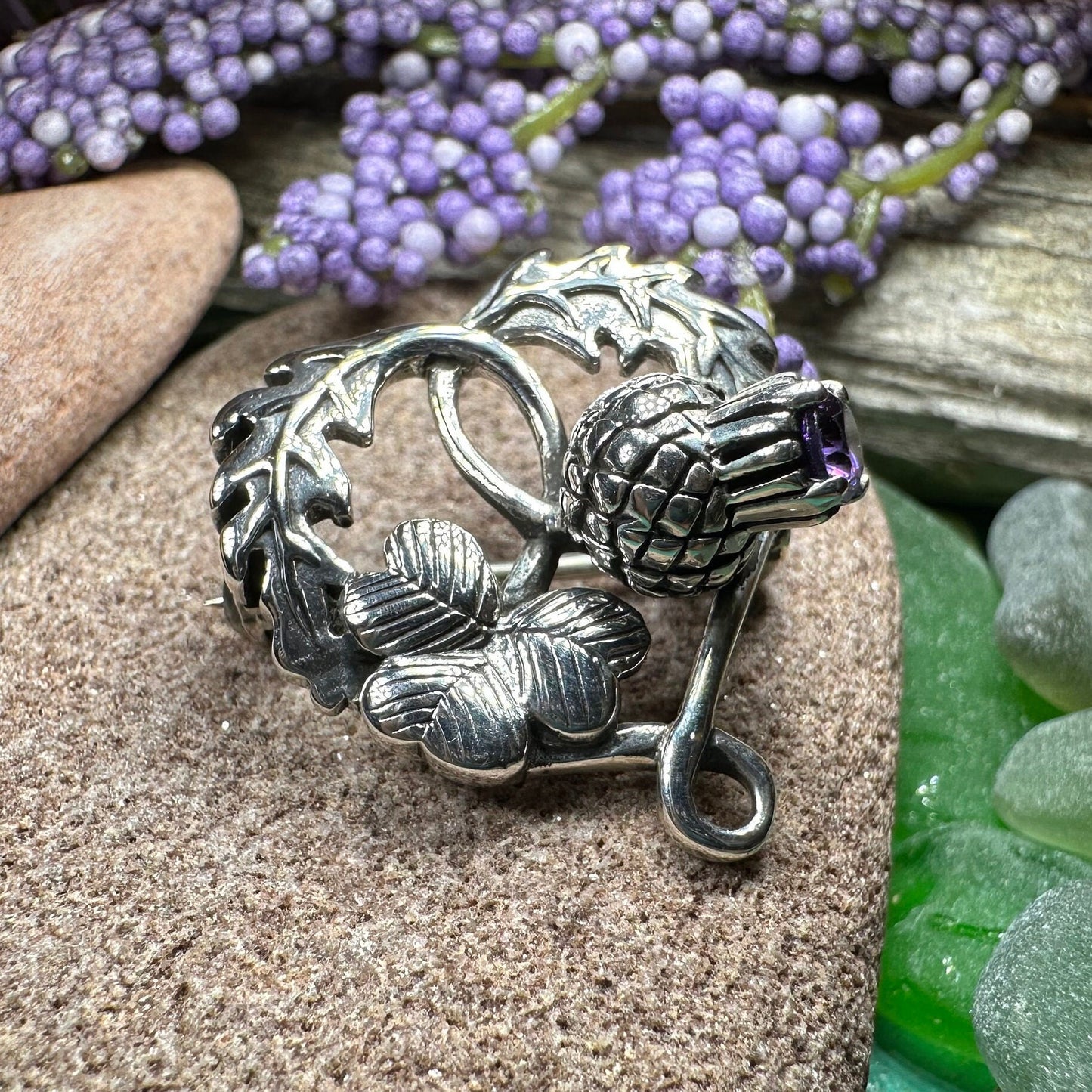Thistle Brooch, Scotland Jewelry, Irish Shamrock Pin, Amethyst Brooch, Thistle Jewelry, Scottish Jewelry, Celtic Brooch, Ireland Brooch