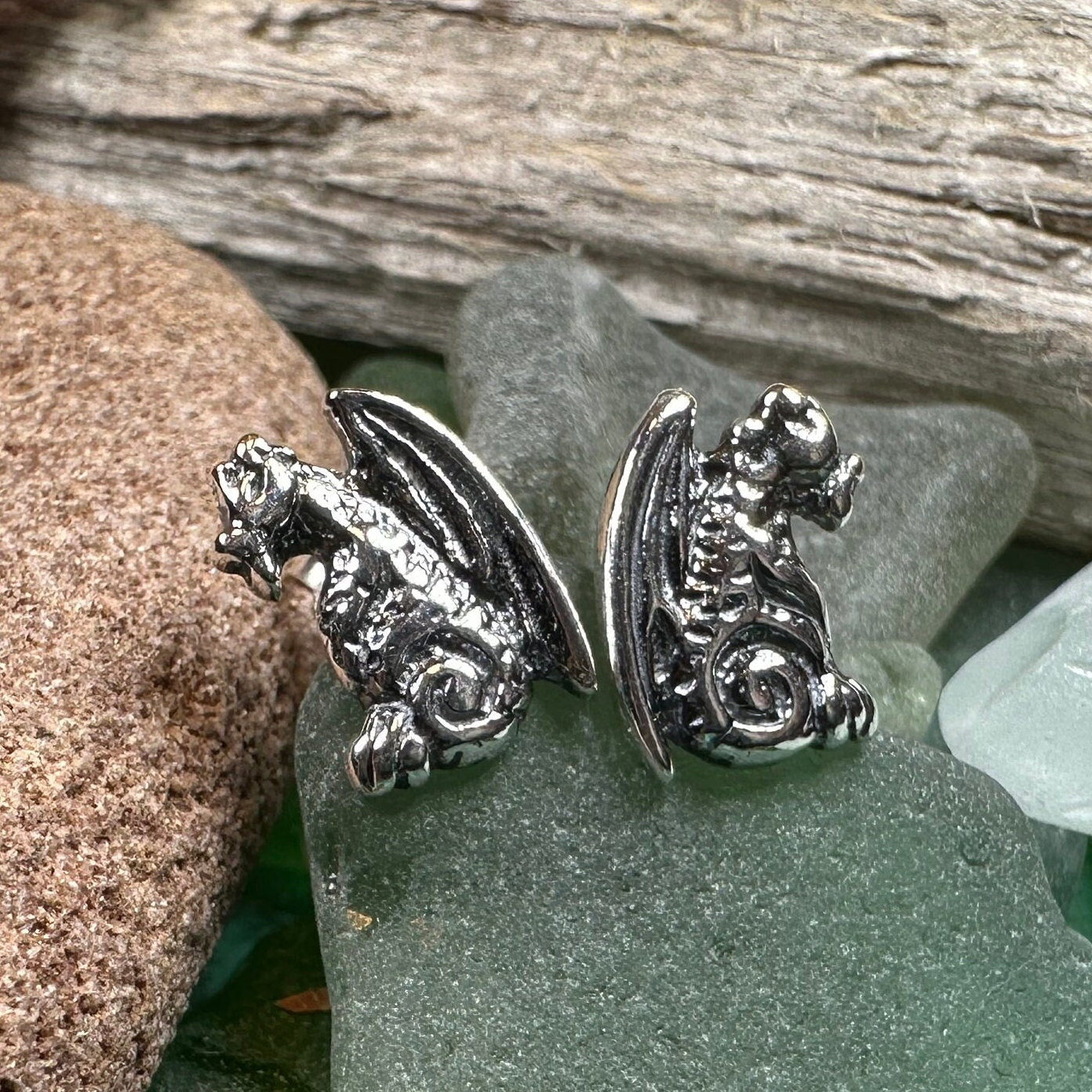 Dragon Earrings, Gargoyle Stud Earrings, Irish Jewelry, Gothic Jewelry, Wiccan Jewelry, Celtic Dragon Gift, Pagan Jewelry, Silver Jewerly