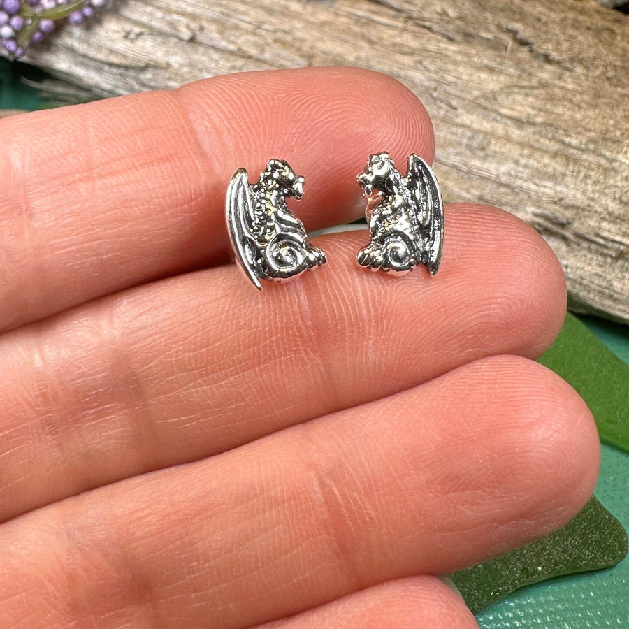 Dragon Earrings, Gargoyle Stud Earrings, Irish Jewelry, Gothic Jewelry, Wiccan Jewelry, Celtic Dragon Gift, Pagan Jewelry, Silver Jewerly