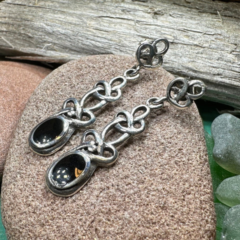 Load image into Gallery viewer, Celtic Knot Earrings, Silver Post Earrings, Irish Jewelry, Scottish Drop Earrings, Silver Ireland Gift, Mother of Pearl, Onyx Jewelry
