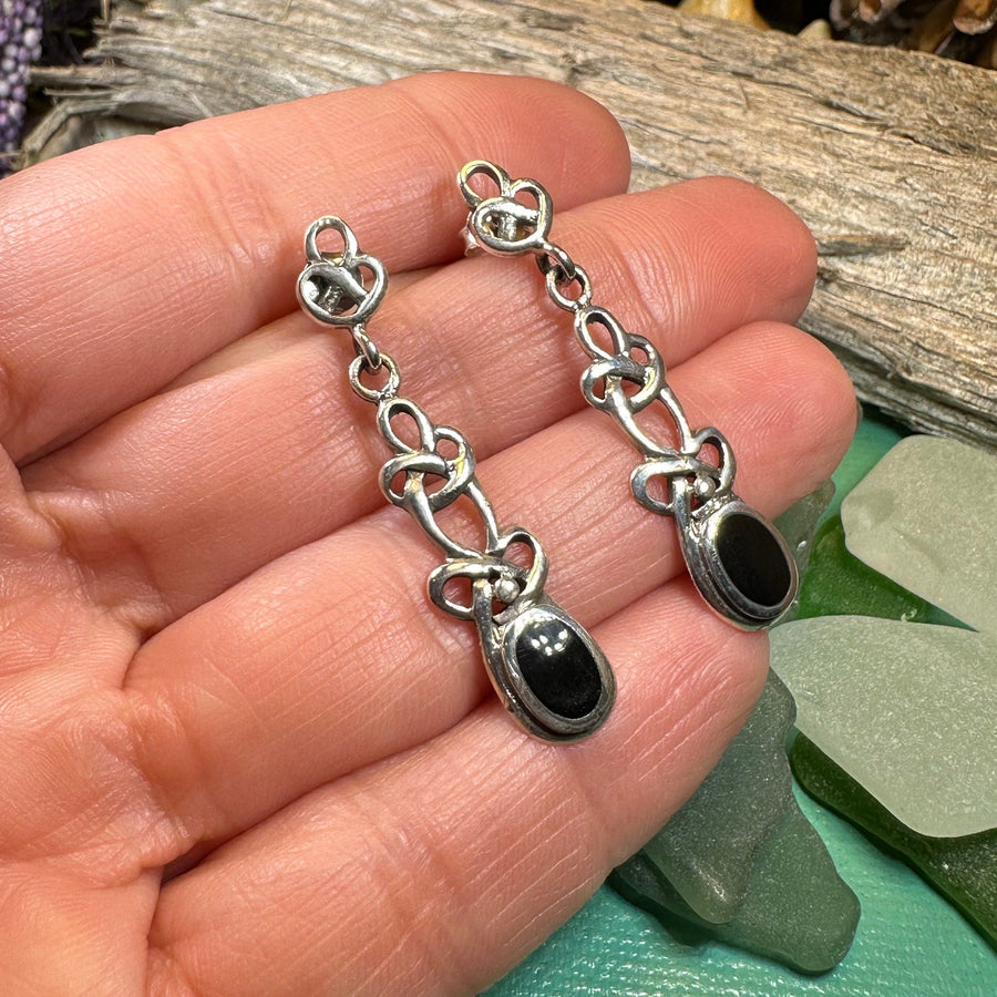 Celtic Knot Earrings, Silver Post Earrings, Irish Jewelry, Scottish Drop Earrings, Silver Ireland Gift, Mother of Pearl, Onyx Jewelry