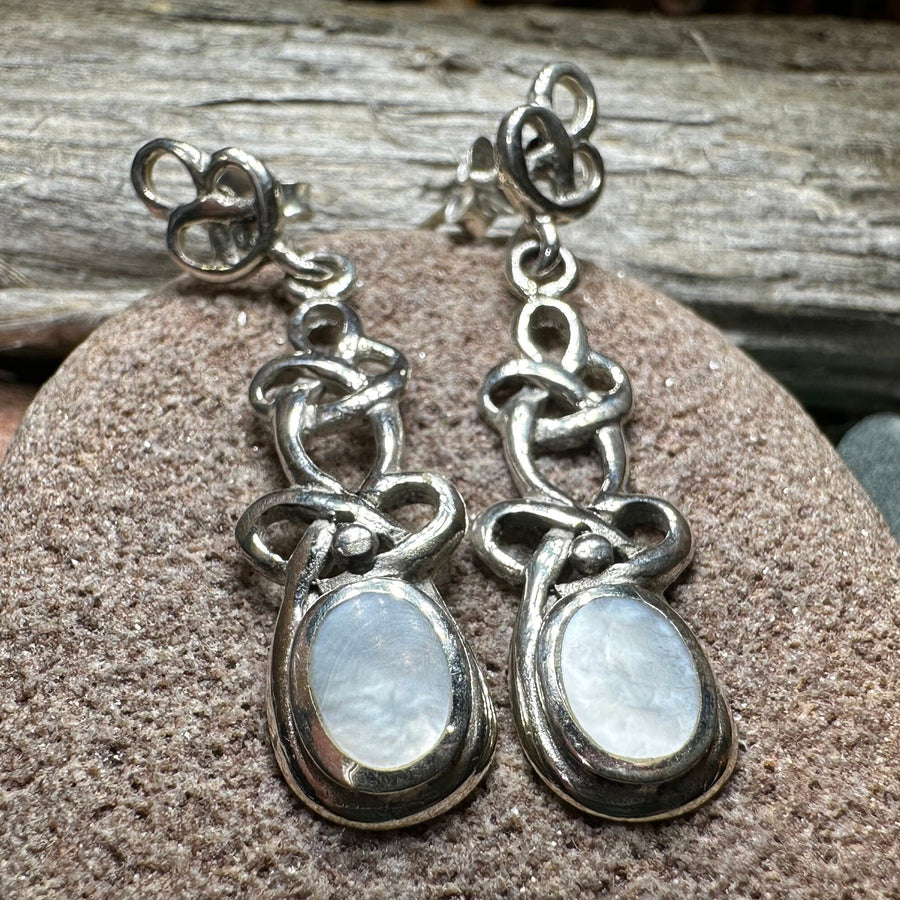 Celtic Knot Earrings, Silver Post Earrings, Irish Jewelry, Scottish Drop Earrings, Silver Ireland Gift, Mother of Pearl, Onyx Jewelry