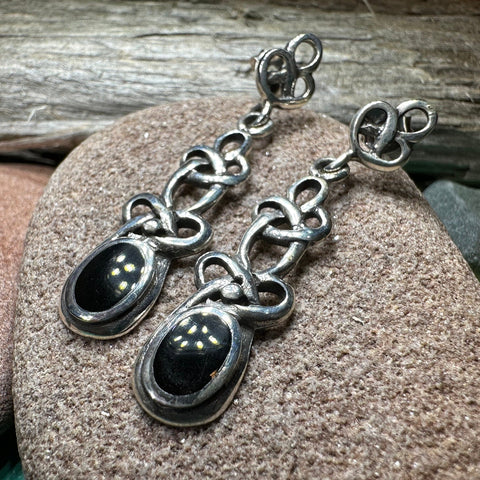 Load image into Gallery viewer, Celtic Knot Earrings, Silver Post Earrings, Irish Jewelry, Scottish Drop Earrings, Silver Ireland Gift, Mother of Pearl, Onyx Jewelry
