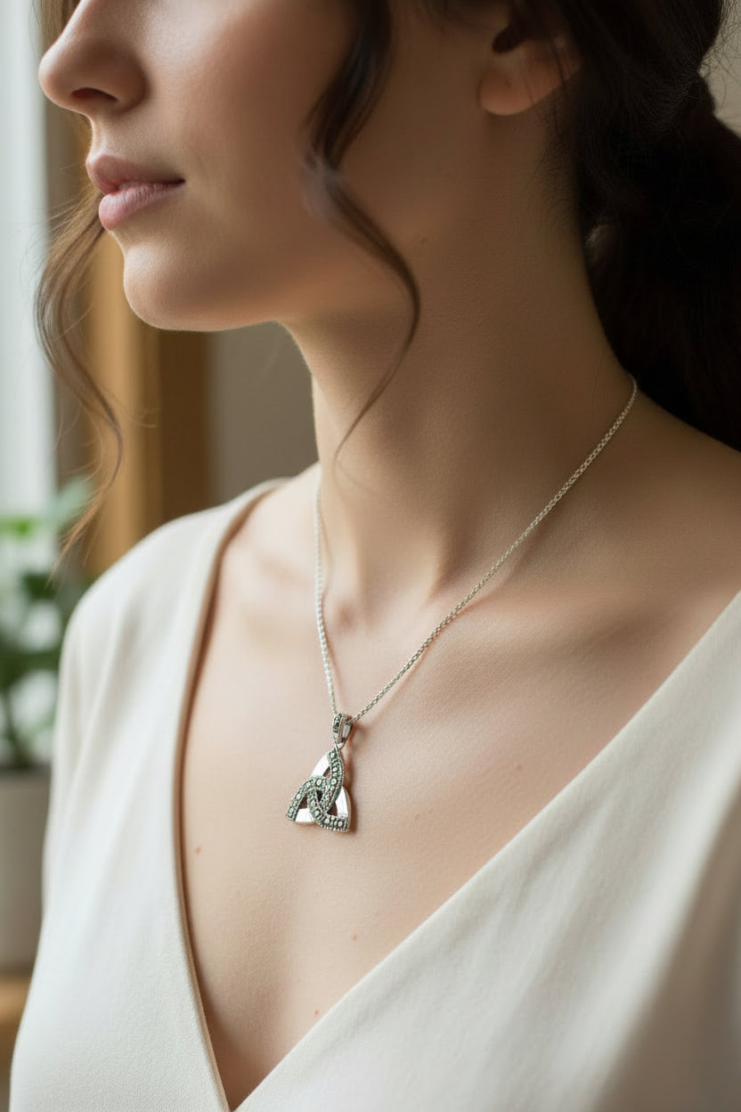 Trinity Knot Necklace, Celtic Pendant, Irish Jewelry, Scotland Jewelry, Triquetra Pendant, Norse Jewelry, Anniversary Gift, Marcasite Gift
