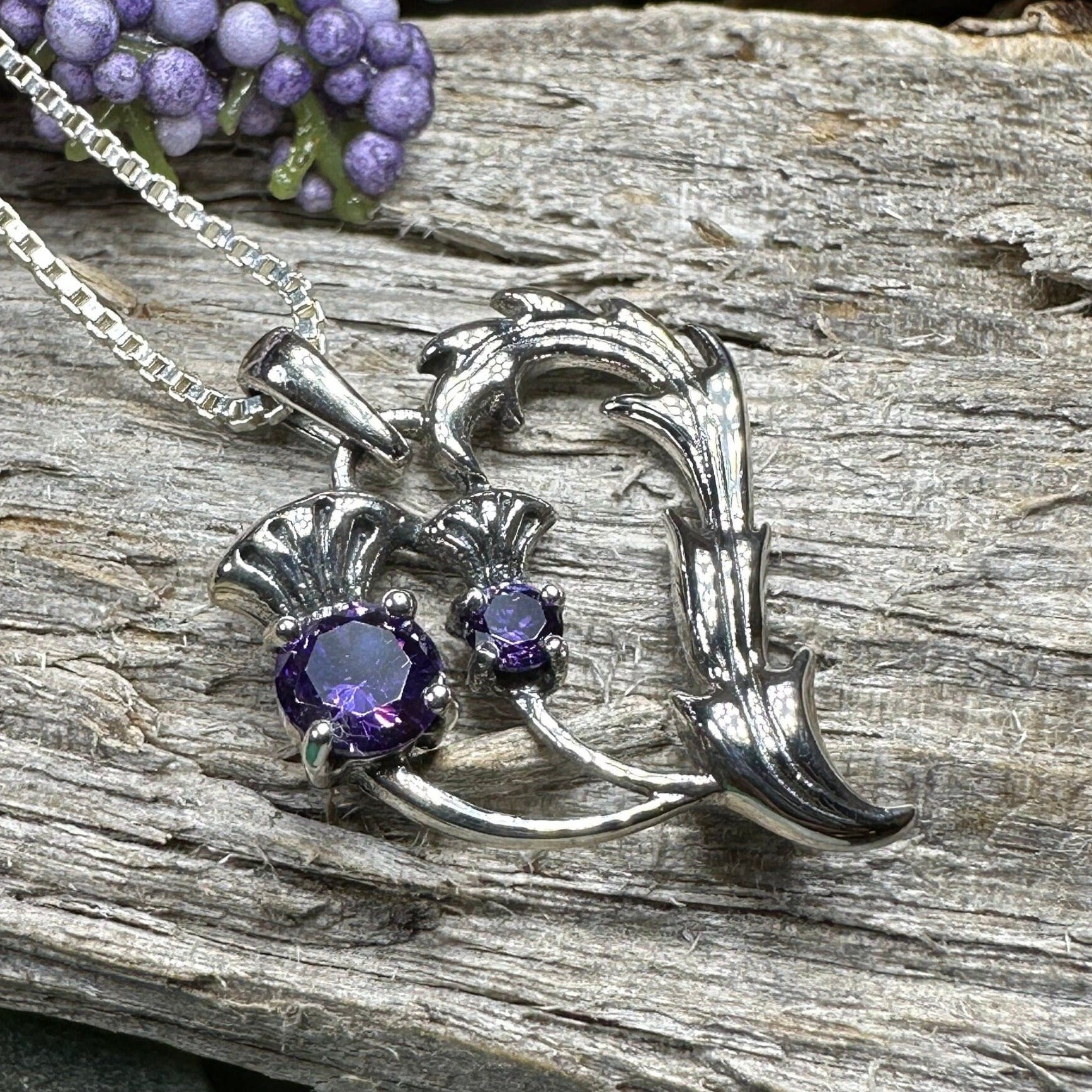 Amethyst Thistle Necklace, Thistle Jewelry, Scotland Jewelry, Celtic Necklace, Flower Necklace, Bridal Jewelry, Amethyst Pendant, Outlander