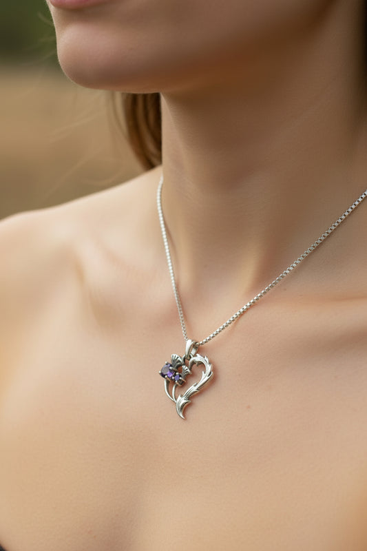 Amethyst Thistle Necklace, Thistle Jewelry, Scotland Jewelry, Celtic Necklace, Flower Necklace, Bridal Jewelry, Amethyst Pendant, Outlander