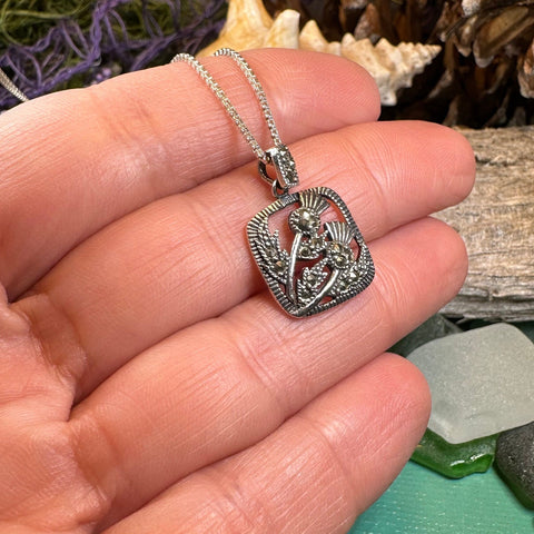 Load image into Gallery viewer, Thistle Necklace, Scotland Jewelry, Marcasite Pendant, Silver Scotland Jewelry, Mom Gift, Graduation Gift, Celtic Jewelry, Nature Necklace
