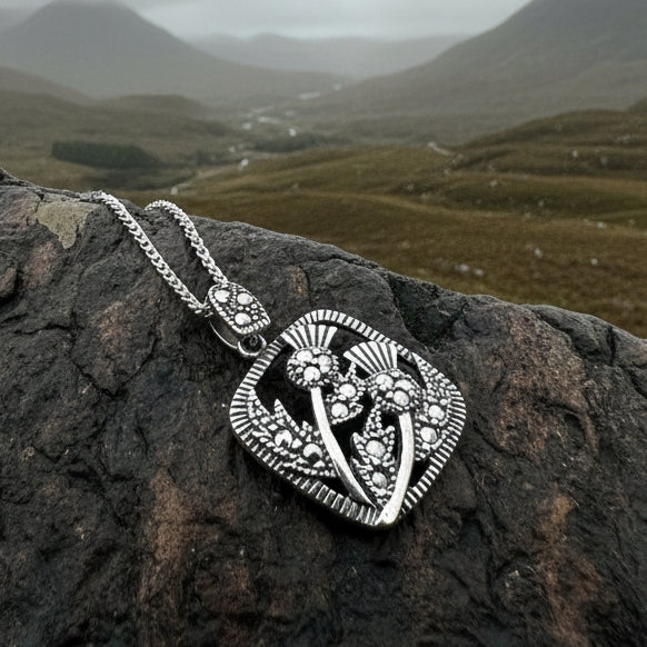Thistle Necklace, Scotland Jewelry, Marcasite Pendant, Silver Scotland Jewelry, Mom Gift, Graduation Gift, Celtic Jewelry, Nature Necklace