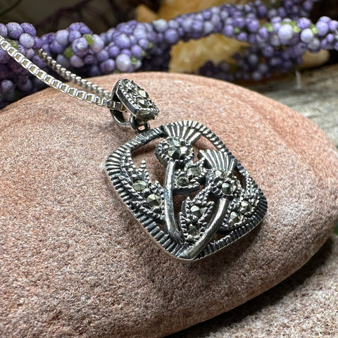 Load image into Gallery viewer, Thistle Necklace, Scotland Jewelry, Marcasite Pendant, Silver Scotland Jewelry, Mom Gift, Graduation Gift, Celtic Jewelry, Nature Necklace
