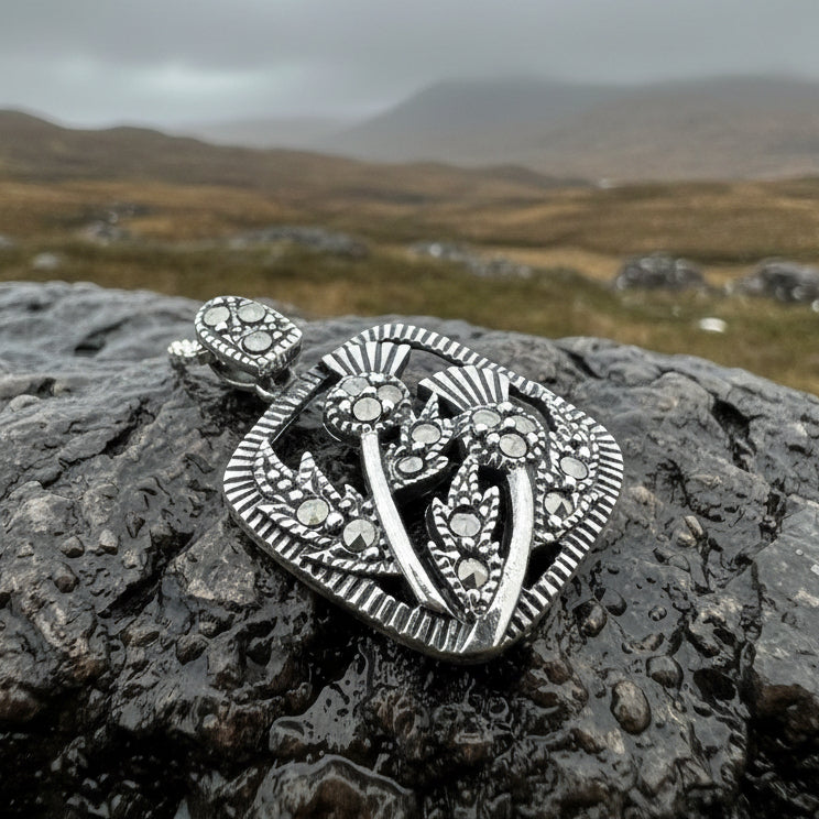 Thistle Necklace, Scotland Jewelry, Marcasite Pendant, Silver Scotland Jewelry, Mom Gift, Graduation Gift, Celtic Jewelry, Nature Necklace