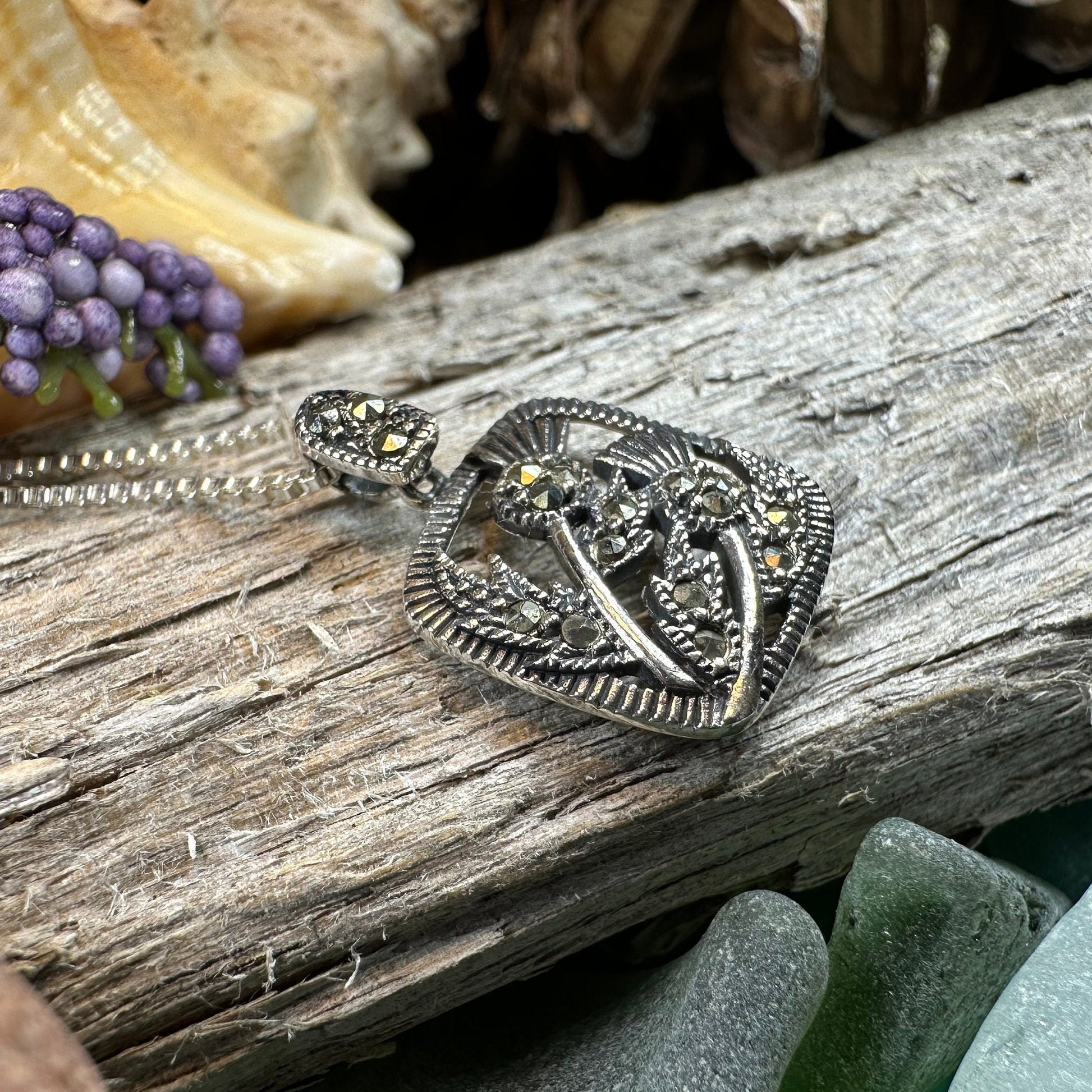 Thistle Necklace, Scotland Jewelry, Marcasite Pendant, Silver Scotland Jewelry, Mom Gift, Graduation Gift, Celtic Jewelry, Nature Necklace