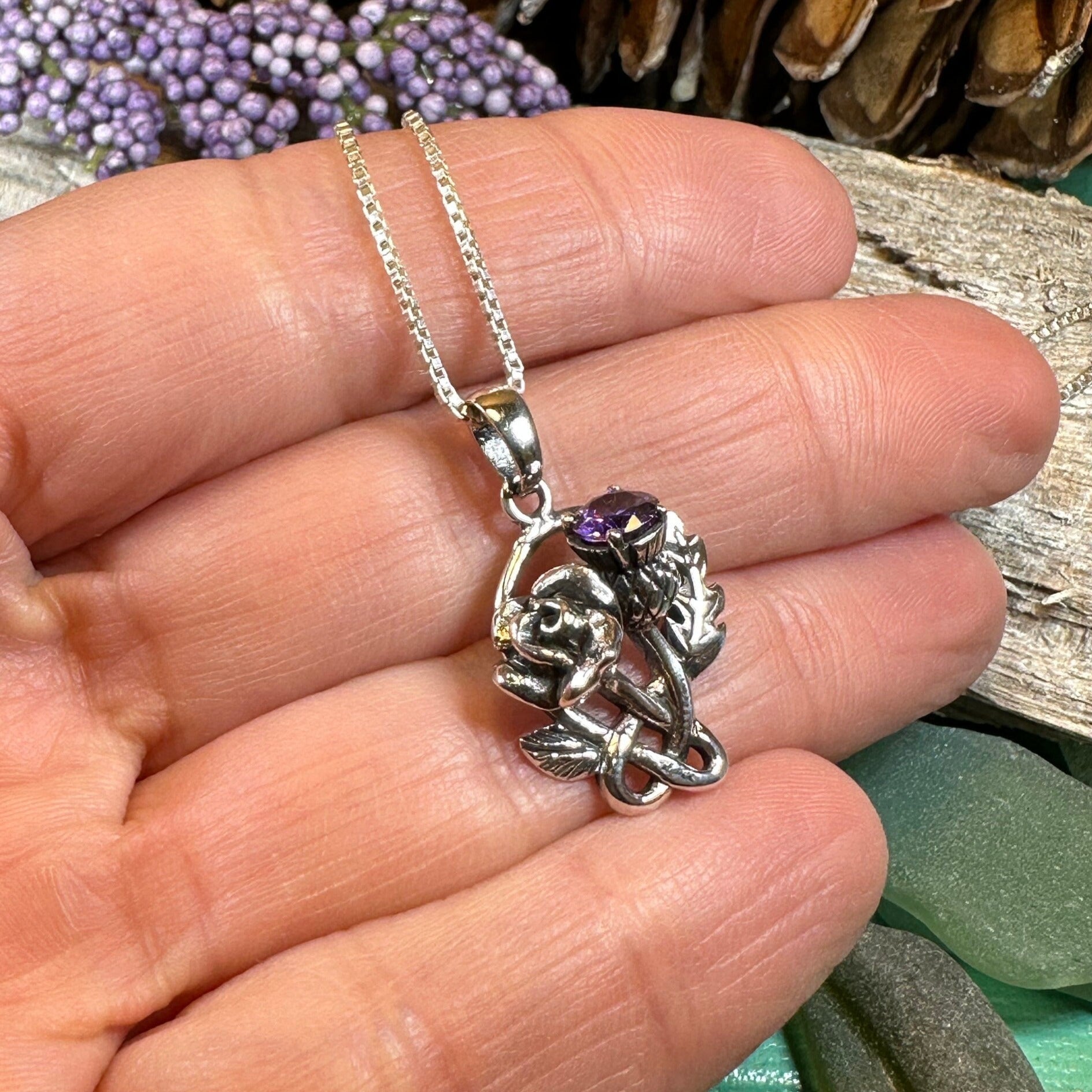 Thistle Necklace, Rose Pendant, Amethyst Scottish Jewelry, Celtic Necklace, Flower Necklace, Bridal Jewelry, Scotland Pendant, Outlander