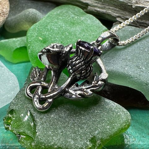 Load image into Gallery viewer, Thistle Necklace, Rose Pendant, Amethyst Scottish Jewelry, Celtic Necklace, Flower Necklace, Bridal Jewelry, Scotland Pendant, Outlander
