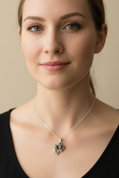 Load image into Gallery viewer, Thistle Necklace, Rose Pendant, Amethyst Scottish Jewelry, Celtic Necklace, Flower Necklace, Bridal Jewelry, Scotland Pendant, Outlander
