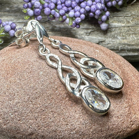 Load image into Gallery viewer, Celtic Knot Earrings, Silver Post Earrings, Irish Jewelry, Scottish Drop Earrings, Silver Ireland Gift, Scotland Gift, Diamond Earrings
