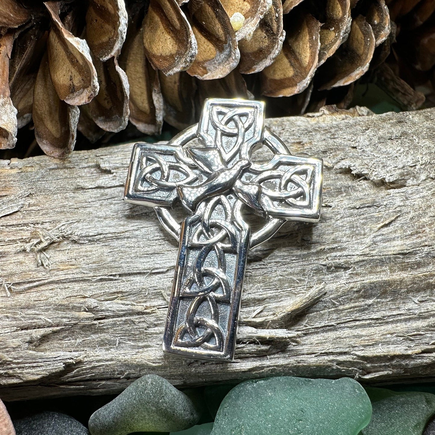Celtic Cross Brooch, Silver Cross Pin, Scottish Jewelry, Dove of Peace, Mom Gift, Anniversary Gift, Religious Jewelry, Trinity Knot Brooch
