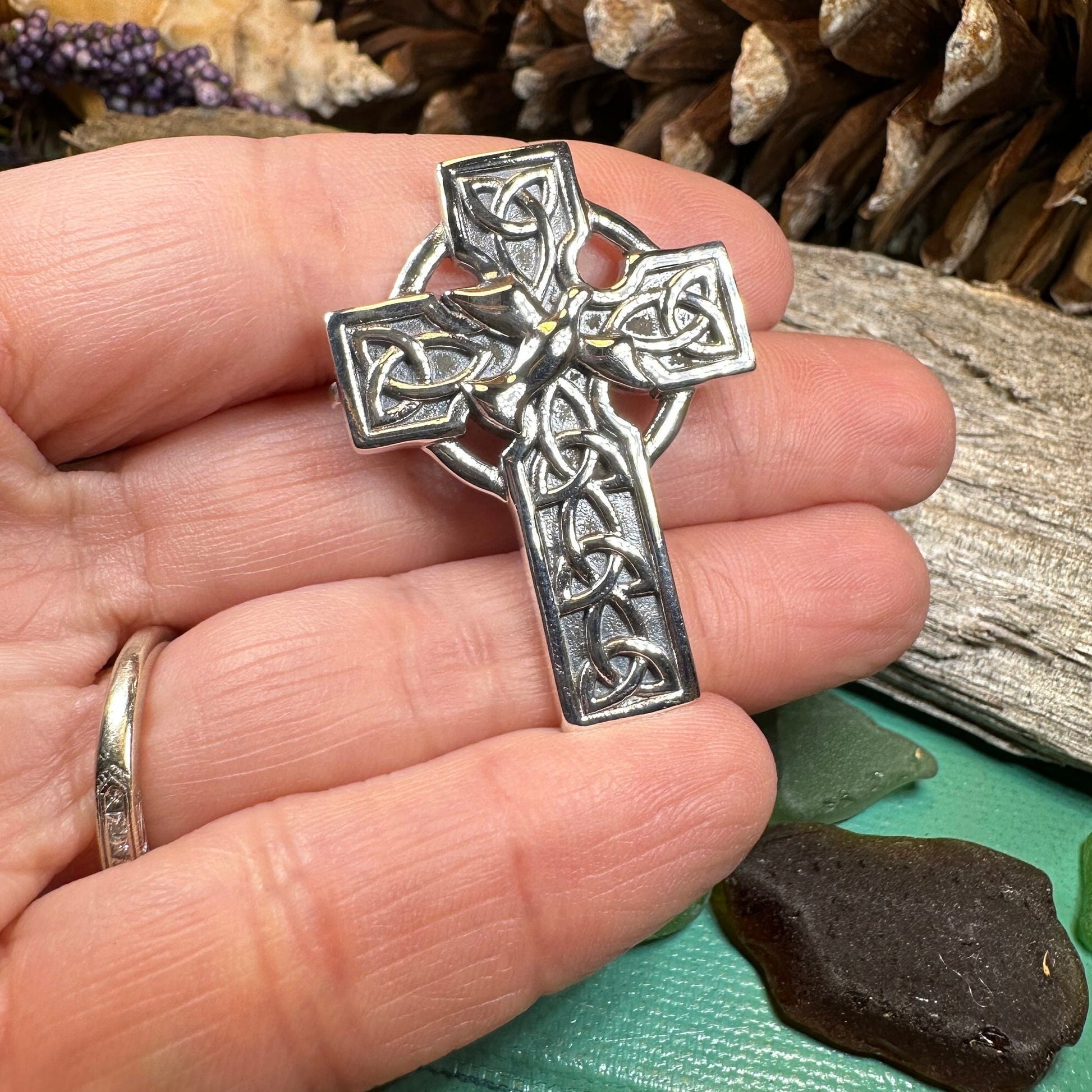 Celtic Cross Brooch, Silver Cross Pin, Scottish Jewelry, Dove of Peace, Mom Gift, Anniversary Gift, Religious Jewelry, Trinity Knot Brooch