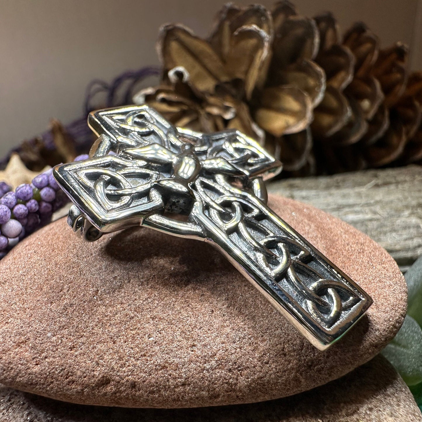 Celtic Cross Brooch, Silver Cross Pin, Scottish Jewelry, Dove of Peace, Mom Gift, Anniversary Gift, Religious Jewelry, Trinity Knot Brooch