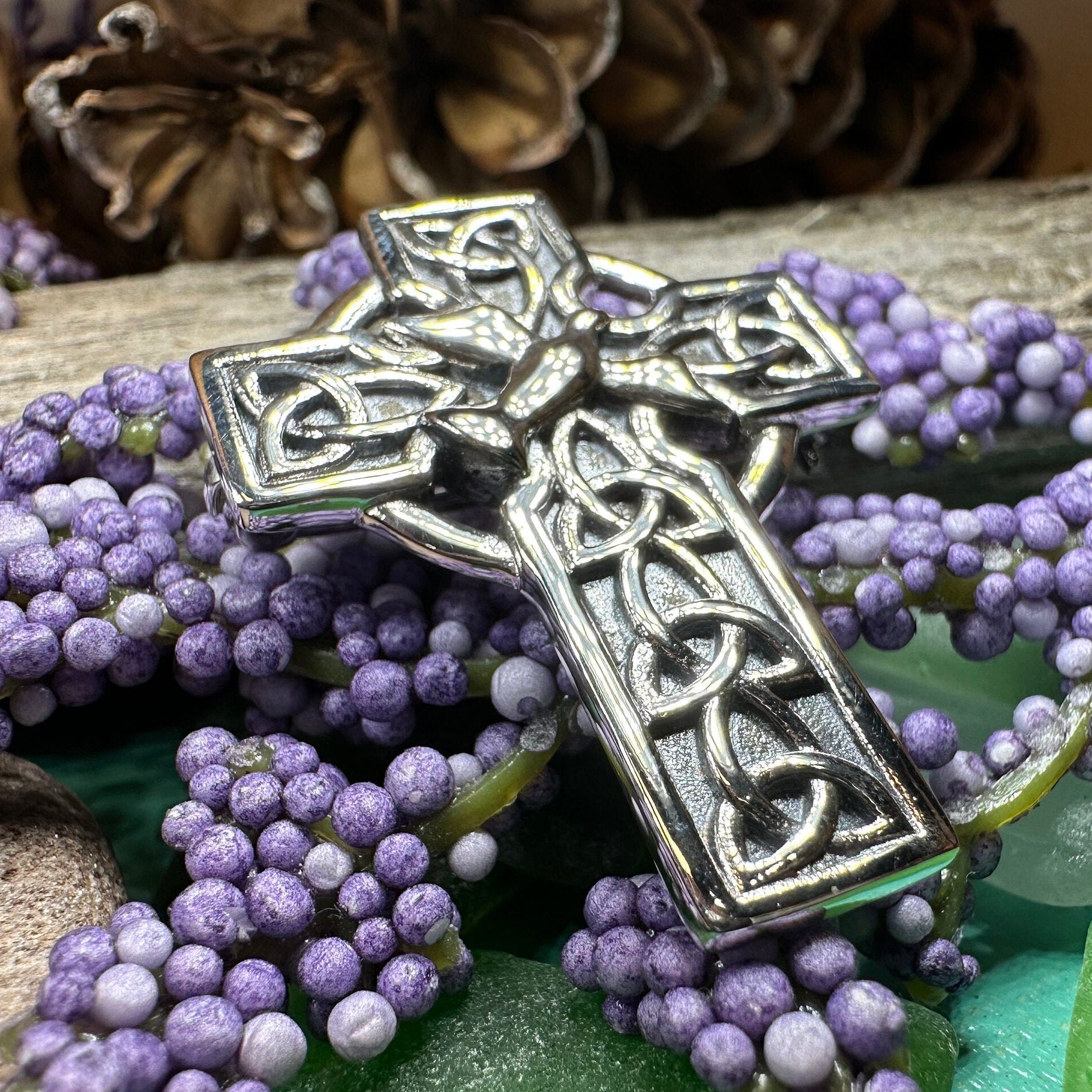 Celtic Cross Brooch, Silver Cross Pin, Scottish Jewelry, Dove of Peace, Mom Gift, Anniversary Gift, Religious Jewelry, Trinity Knot Brooch