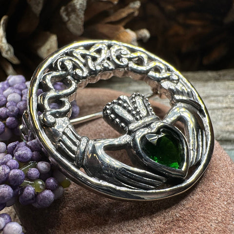 Load image into Gallery viewer, Claddagh Brooch, Irish Pin, Emerald Ireland Brooch, Silver Bride Pin, Claddagh Pin, Celtic Jewelry, Claddagh Pin, Celtic Pin, Gift for Her
