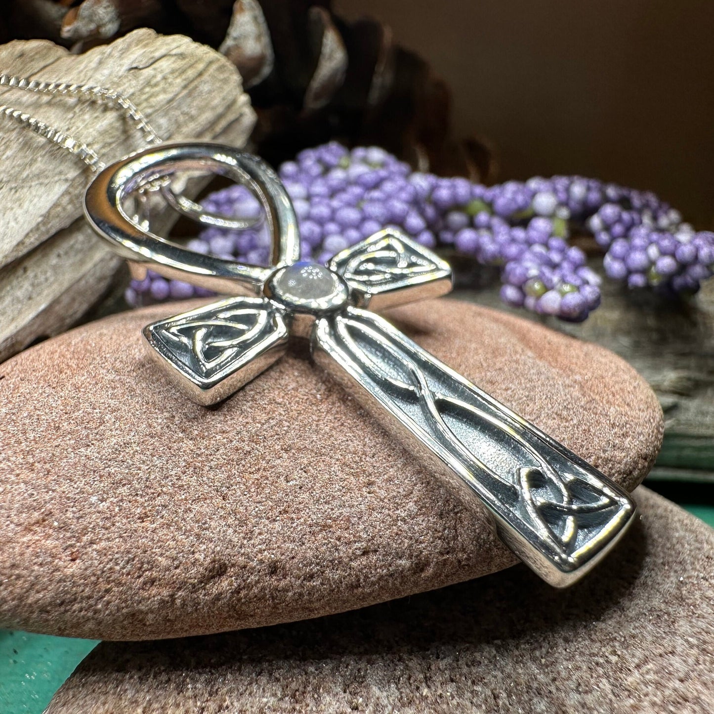 Celtic Ahnk Necklace, Key of Life Pendant, Celtic Jewelry, Egyptian Symbol, Moonstone Pendant, Cancer Survivor Gift, Recovery Gift, Cross
