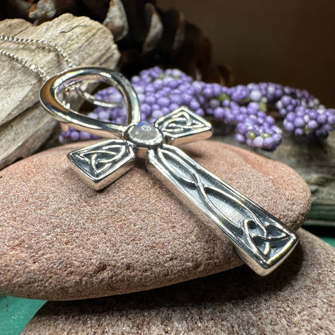 Load image into Gallery viewer, Celtic Ahnk Necklace, Key of Life Pendant, Celtic Jewelry, Egyptian Symbol, Moonstone Pendant, Cancer Survivor Gift, Recovery Gift, Cross
