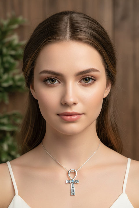 Load image into Gallery viewer, Celtic Ahnk Necklace, Key of Life Pendant, Celtic Jewelry, Egyptian Symbol, Moonstone Pendant, Cancer Survivor Gift, Recovery Gift, Cross

