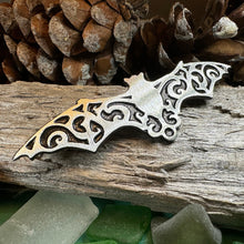 Load image into Gallery viewer, Gothic Bat Brooch, Celtic Pin, Pewter Bat Pin, Victorian Brooch, Friendship Gift, Halloween Gift, Witch Jewelry, Animal Brooch, EA Poe Gift
