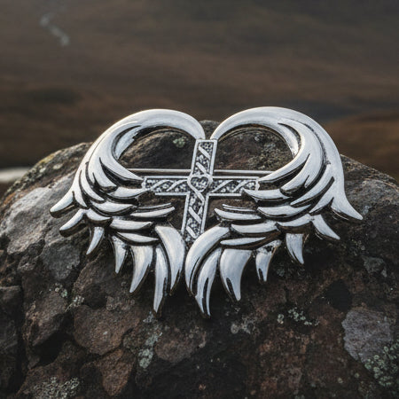 Celtic Cross Brooch, Angel Wings Pin, Irish Pin, Celtic Brooch, Scottish Pin, First Communion Pin, Ireland Pin, Religious Jewelry, Pewter