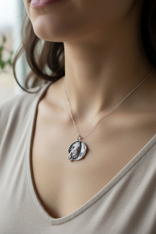 Owl Necklace, Full Moon Pendant, Nature Jewelry, Bird Necklace, Bird Lover Gift, Owl Gift, Woodland Jewelry, Irish Jewelry, Mom Gift