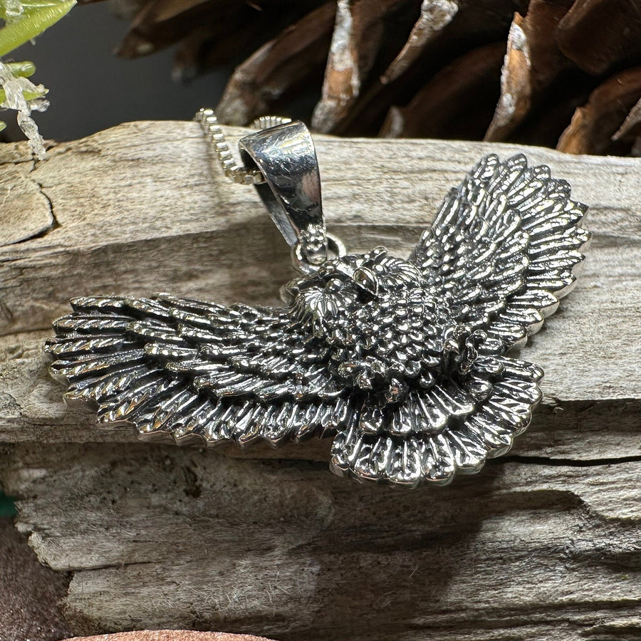 Owl Necklace, Flying Owl Pendant, Nature Jewelry, Bird Necklace, Bird Lover Gift, Silver Owl Gift, Woodland Jewelry, Irish Jewelry, Mom Gift