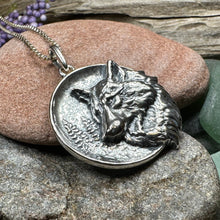 Load image into Gallery viewer, Wolf Necklace, Crescent Moon Jewelry, Norse Jewelry, Pagan Jewelry, Viking Jewelry, Celtic Knot Pendant, Animal Jewelry, Direwolf Jewelry
