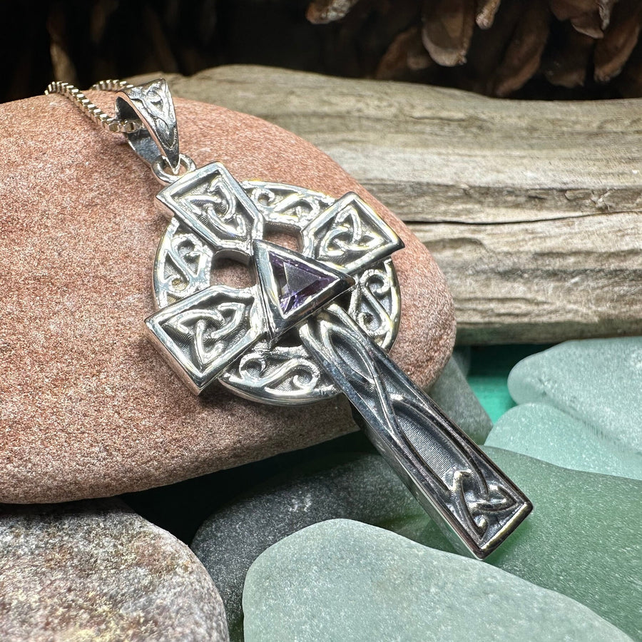 Celtic Cross Necklace, Scottish Pendant, Ireland Cross, Irish Jewelry, Large Celtic Cross, Religious Jewelry, Silver Cross Pendant, Garnet