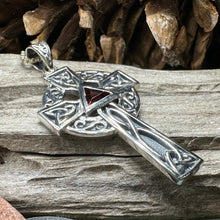 Load image into Gallery viewer, Celtic Cross Necklace, Scottish Pendant, Ireland Cross, Irish Jewelry, Large Celtic Cross, Religious Jewelry, Silver Cross Pendant, Garnet
