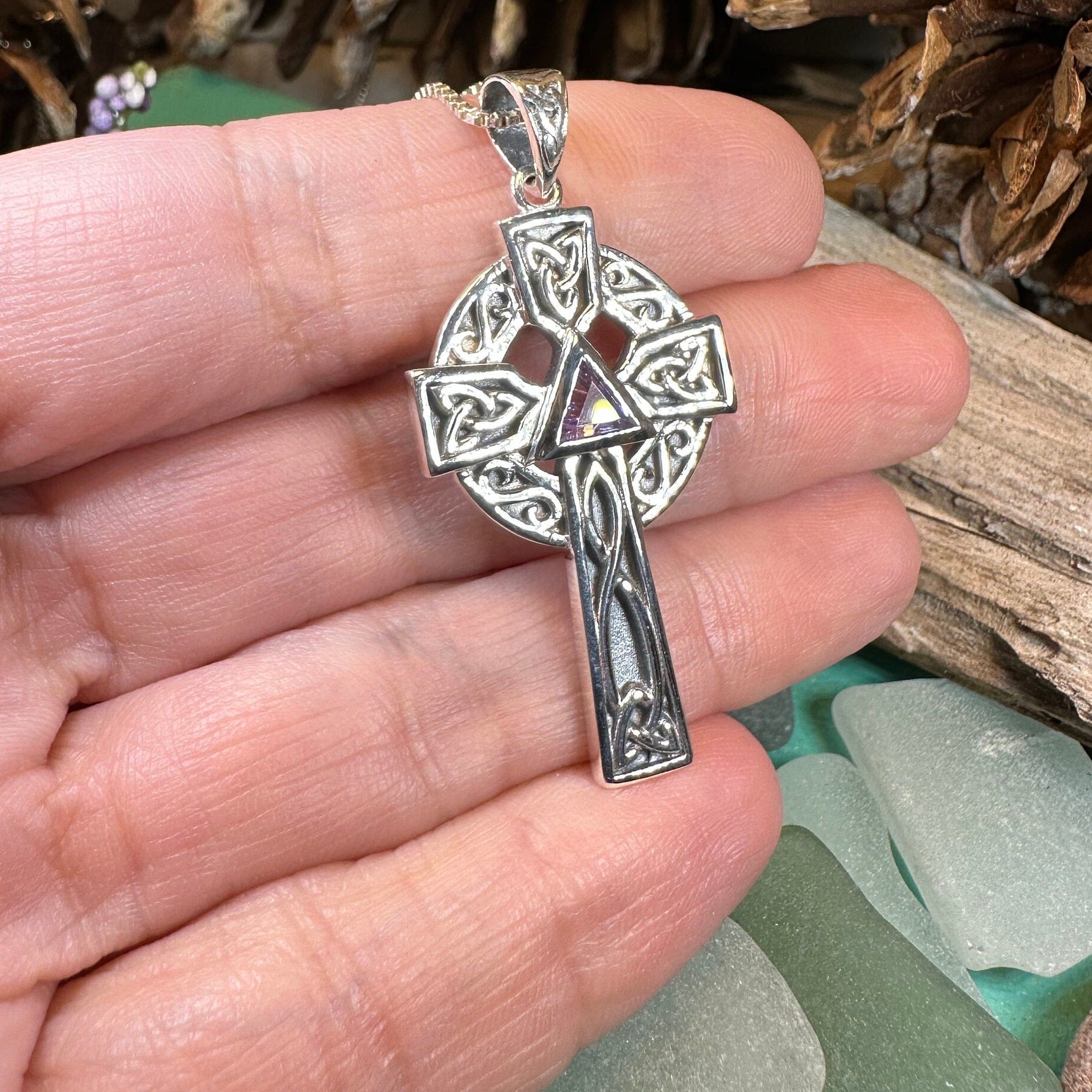 Celtic Cross Necklace, Scottish Pendant, Ireland Cross, Irish Jewelry, Large Celtic Cross, Religious Jewelry, Silver Cross Pendant, Garnet